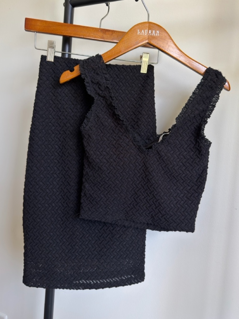 Black Textured Two-Piece Set | Crop Top + High Waist Skirt | Chic Minimalist XS